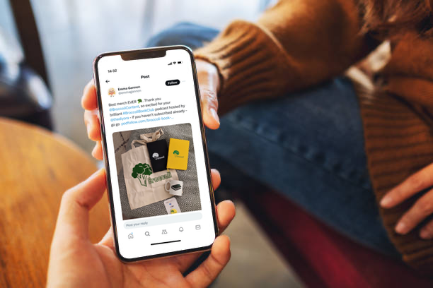 Emma Gannon tweet broccoli book club on phone